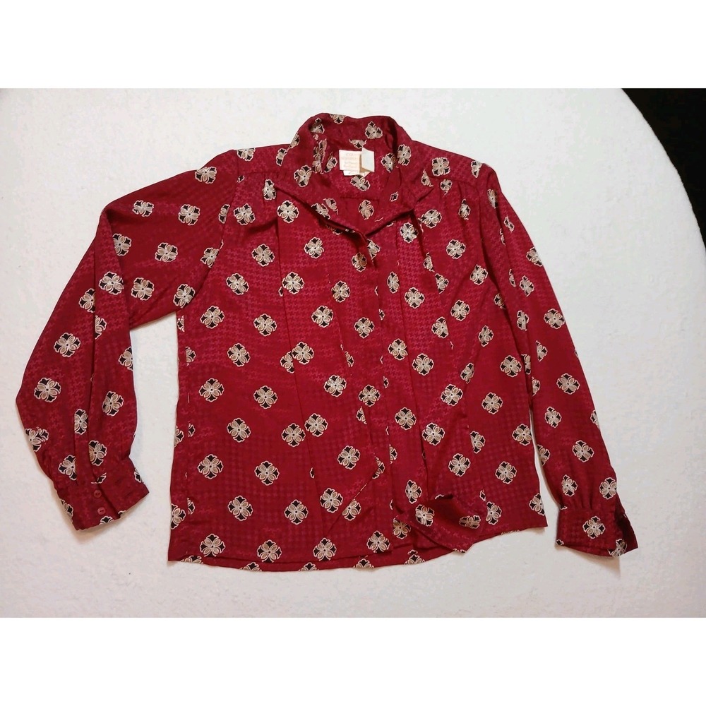 Vtg Pendleton Country Sophisticates Blouse 12 Red Floral Secretary Tie Neck 80s